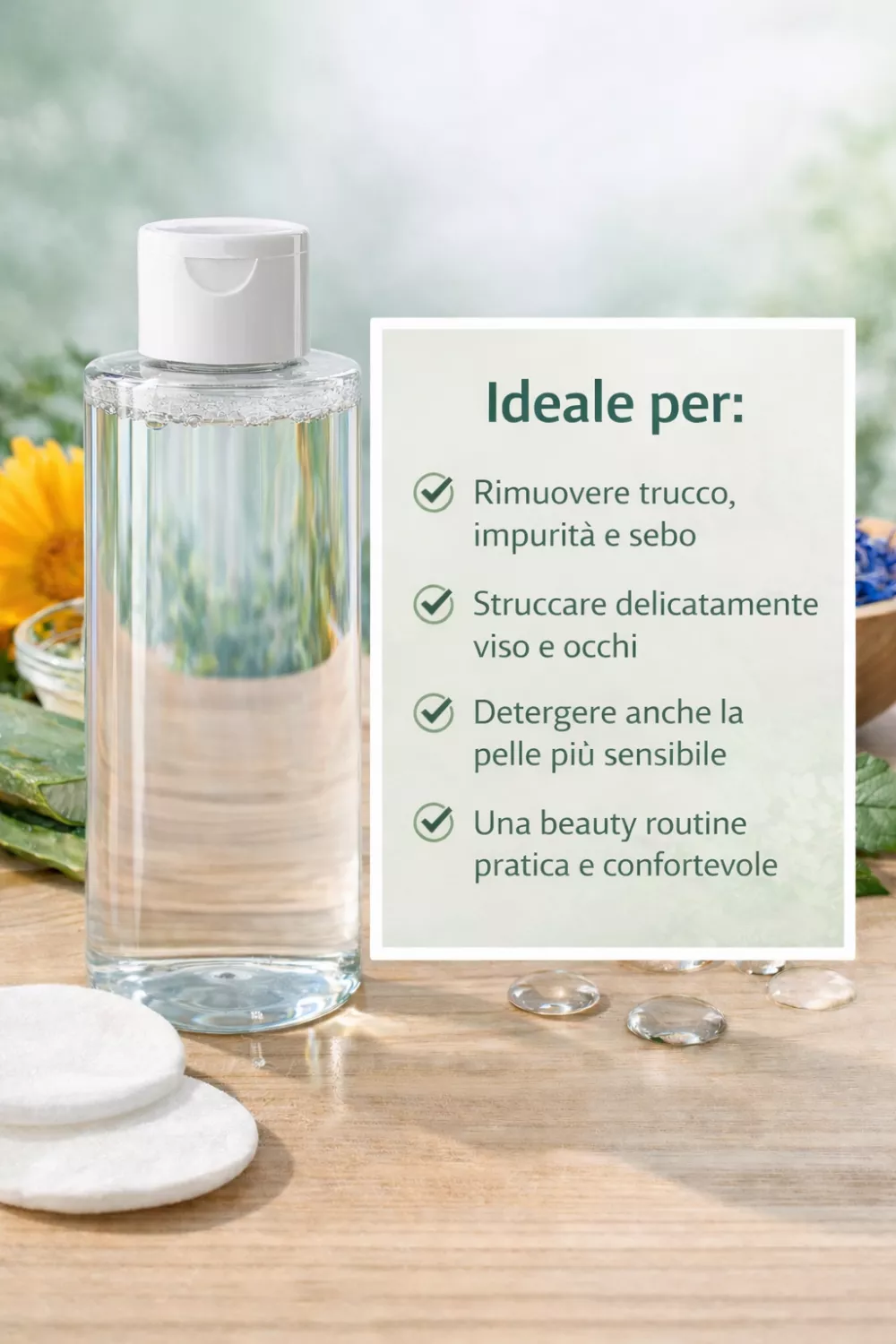 Acqua micellare purificante con aloe vera calendula e fiordaliso con box benefici rimozione trucco impurit&agrave; sebo