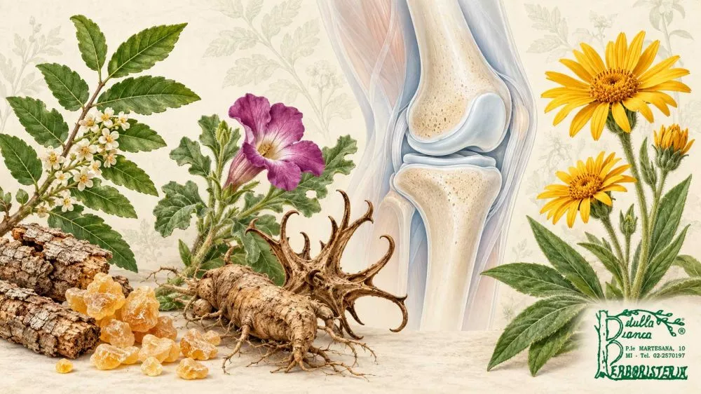 Boswellia, Artiglio del diavolo e Arnica accanto alla struttura anatomica del ginocchio