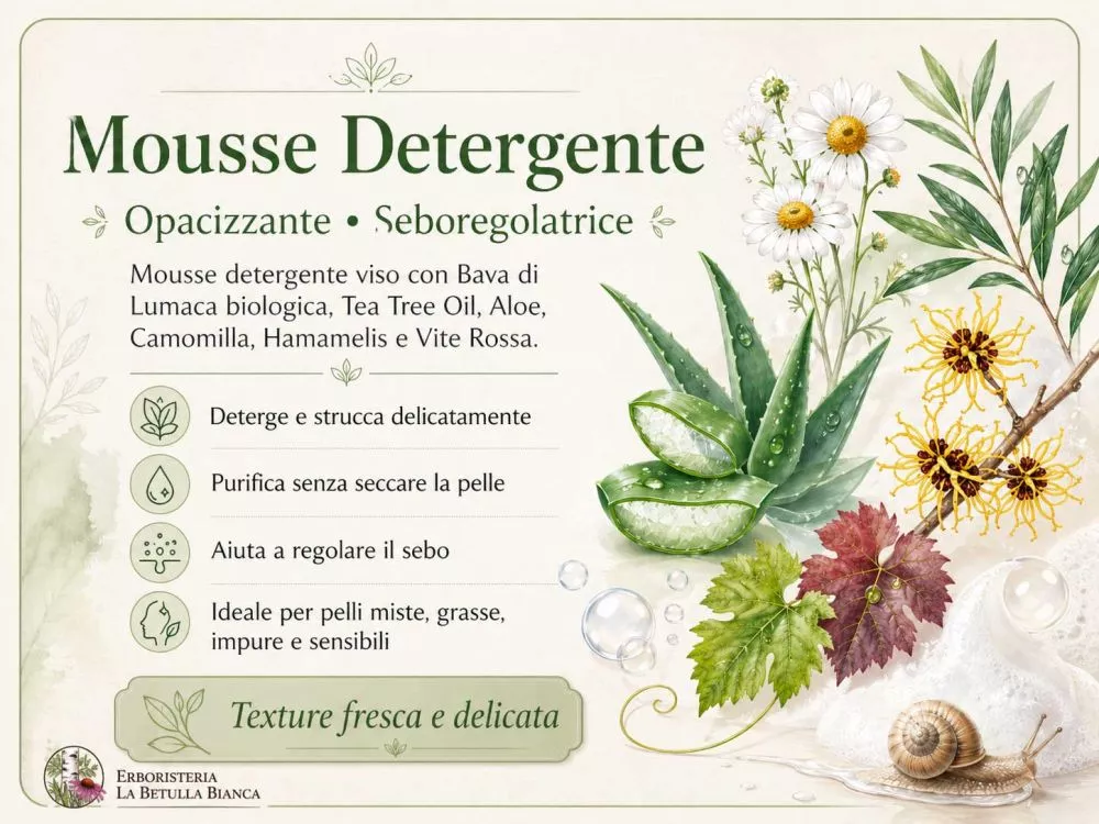 Box grafico Mousse Detergente opacizzante seboregolatrice con Bava di Lumaca biologica, Tea Tree Oil, Aloe, Camomilla, Hamamelis e Vite Rossa