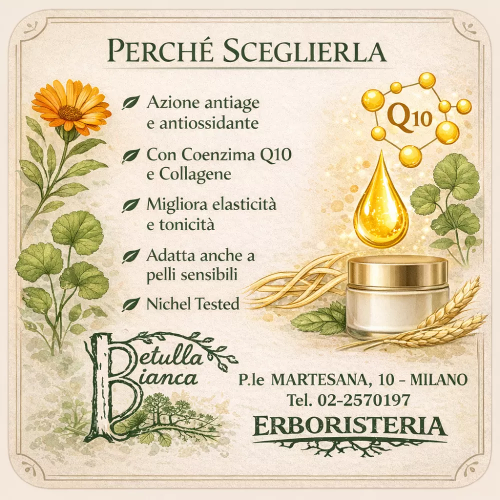 Box informativo crema viso anti et&agrave; al Coenzima Q10 e Collagene con azione antiossidante, adatta a pelli sensibili, Nichel Tested