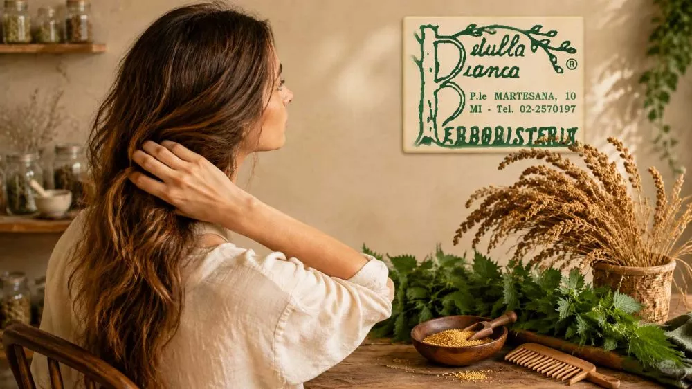 Donna che si prende cura dei capelli in autunno con miglio e ortica
