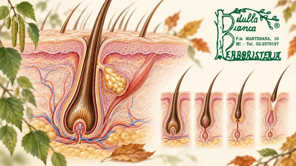 Illustrazione scientifica della struttura del capello e delle fasi del ciclo follicolare