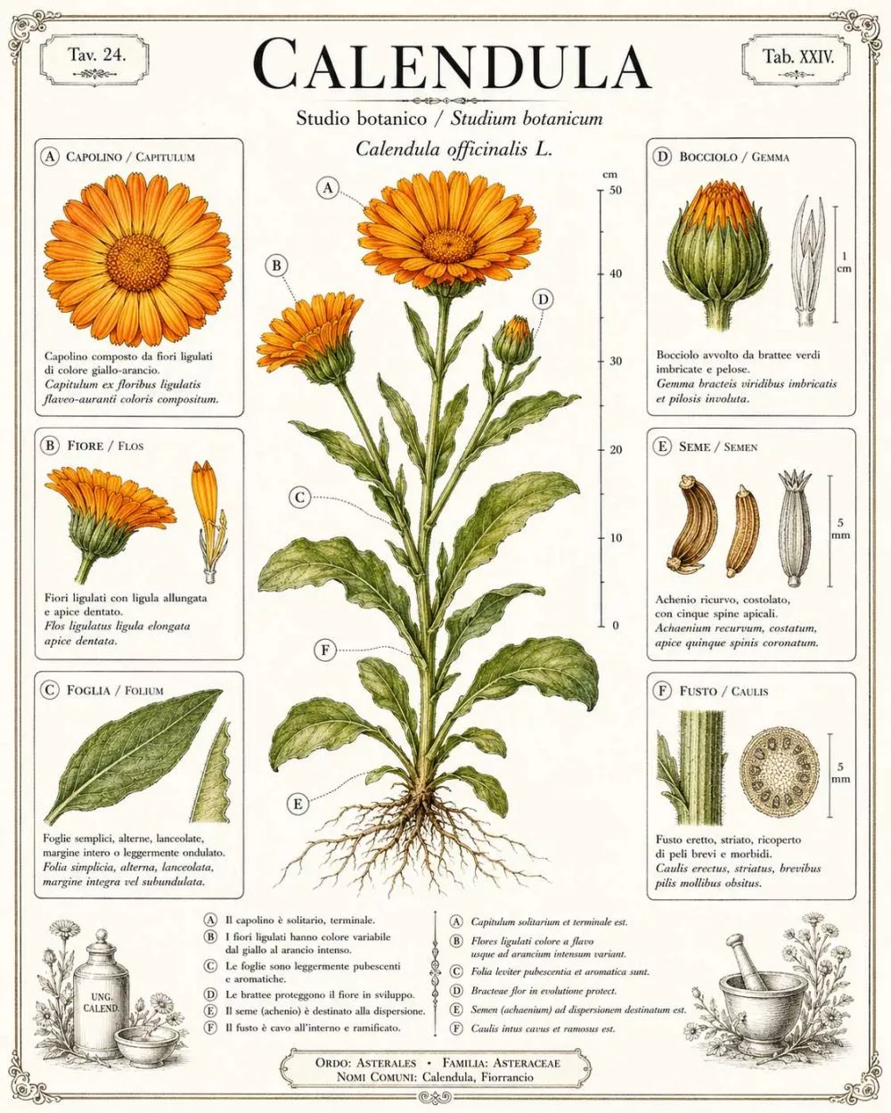 Tavola botanica della Calendula officinalis con dettagli di fiore, foglie e semi, pianta utilizzata nelle creme lenitive per la pelle.