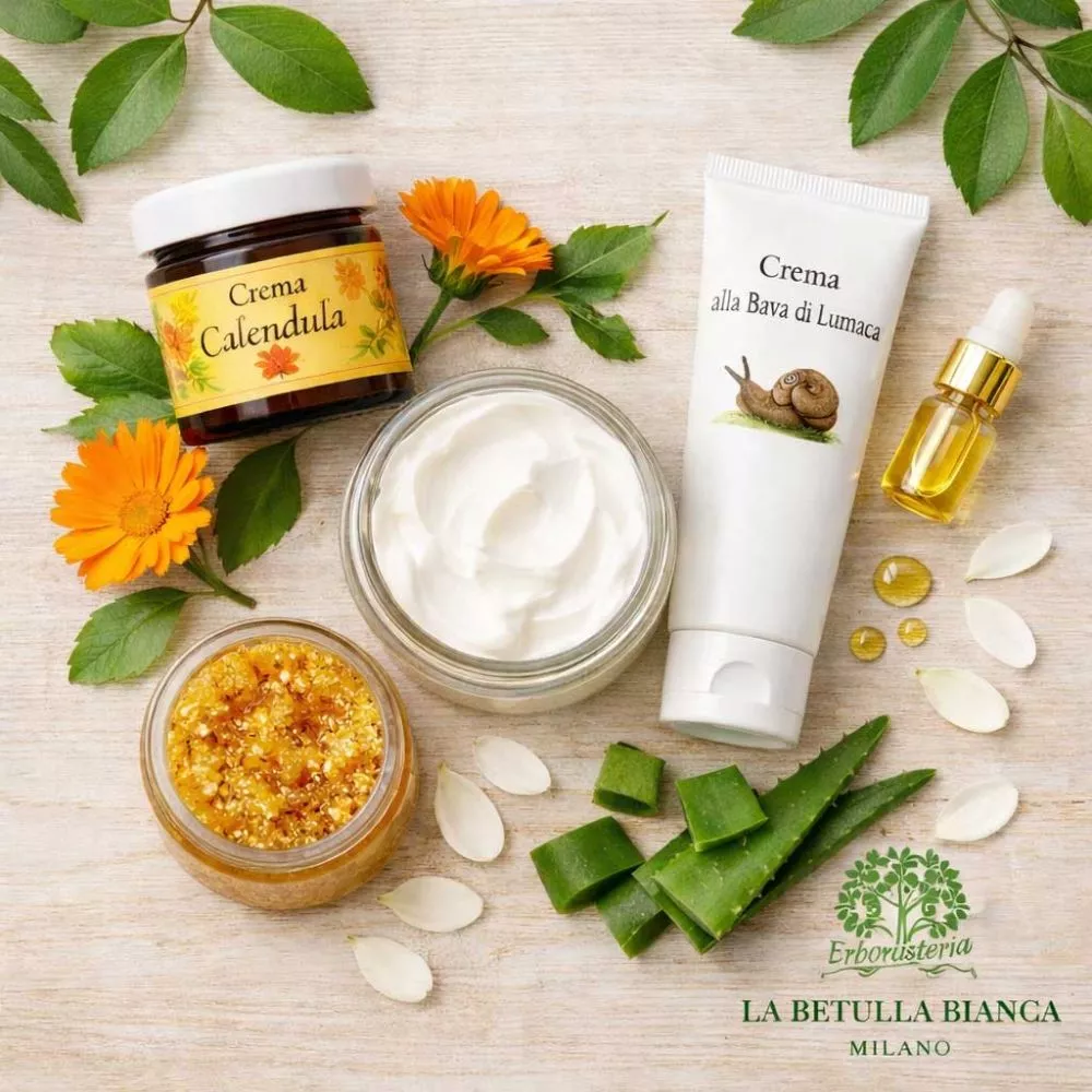 Crema corpo idratante naturale con bava di lumaca, calendula, aloe vera e scrub corpo per la primavera e l&rsquo;estate - Erboristeria La Betulla Bianca Milano