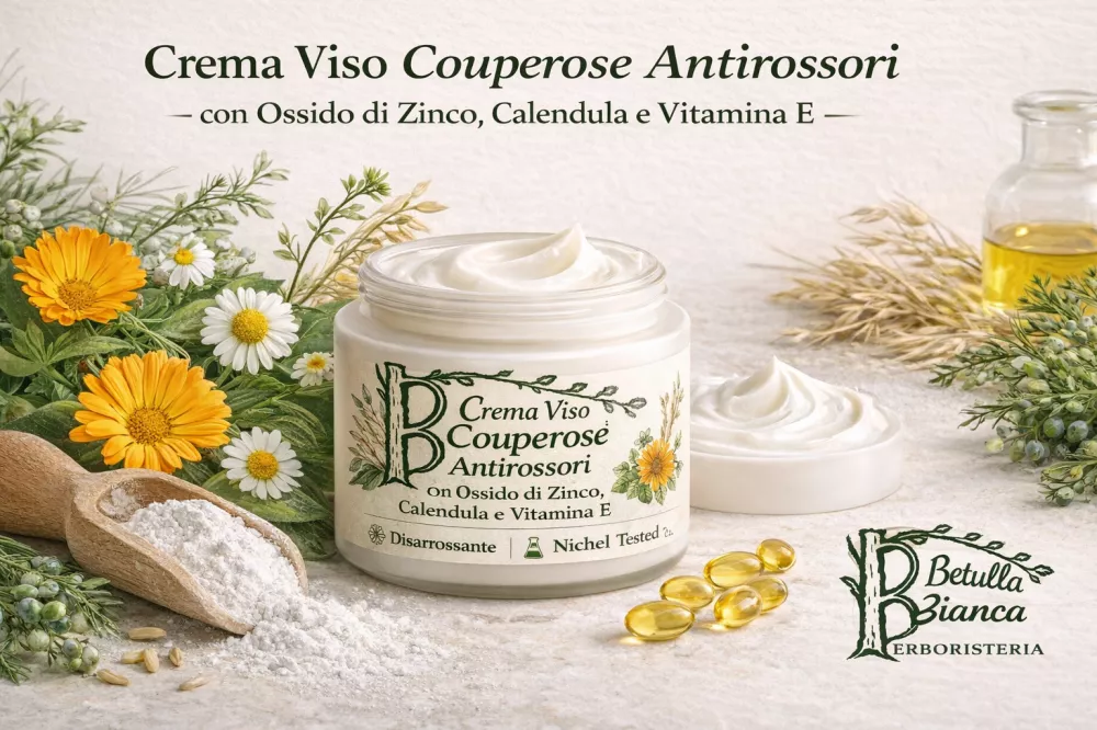 Crema viso antirossori per pelli couperosiche e sensibili con ossido di zinco, calendula e vitamina E, formulata da Erboristeria La Betulla Bianca