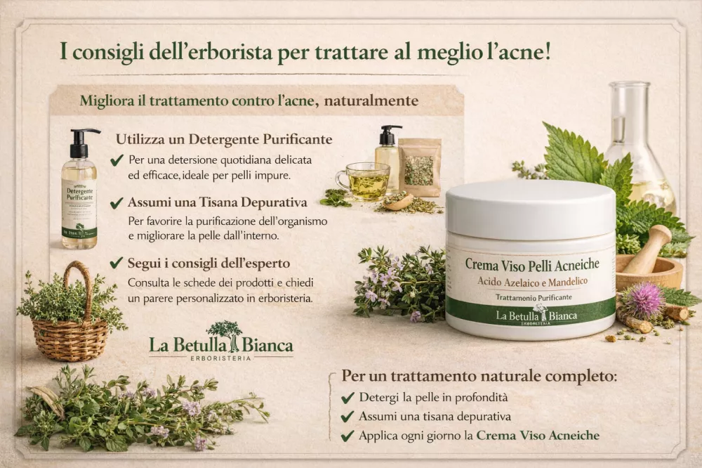 Crema viso per pelli acneiche con acido azelaico e acido mandelico in laboratorio erboristico con consigli di utilizzo