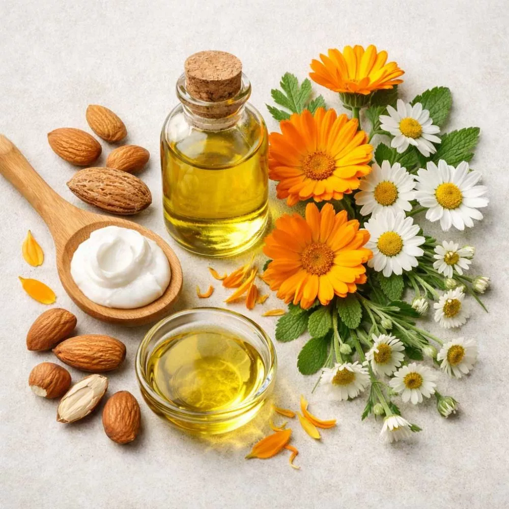 Ingredienti naturali latte detergente con olio di mandorle dolci calendula e camomilla