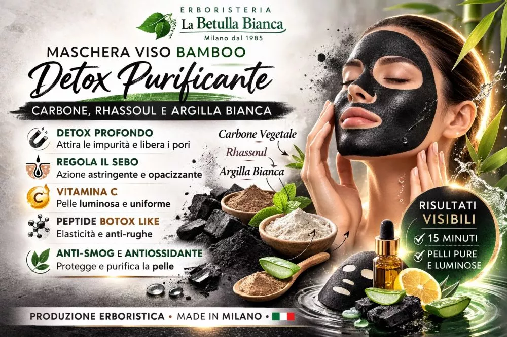 Carbone vegetale Rhassoul e argilla bianca ingredienti maschera viso purificante