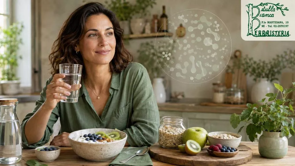 Donna con acqua e alimenti ricchi di fibre per l&rsquo;equilibrio intestinale
