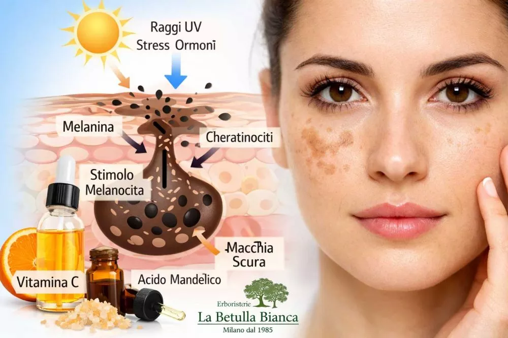 Macchie viso cause melanogenesi vitamina C acido mandelico trattamento naturale