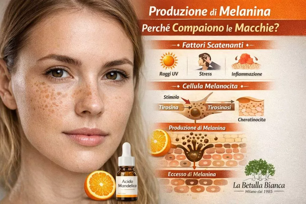 Schema melanogenesi formazione macchie cutanee tirosinasi melanina pelle
