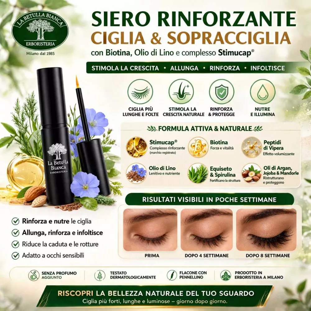 Ingredienti naturali: biotina, saw palmetto, equiseto e spirulina nel siero ciglia La Betulla Bianca