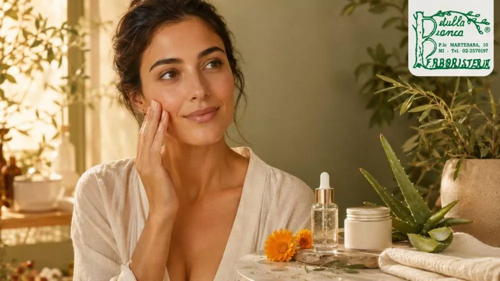 Donna applica una crema idratante con aloe e calendula dopo l&rsquo;estate