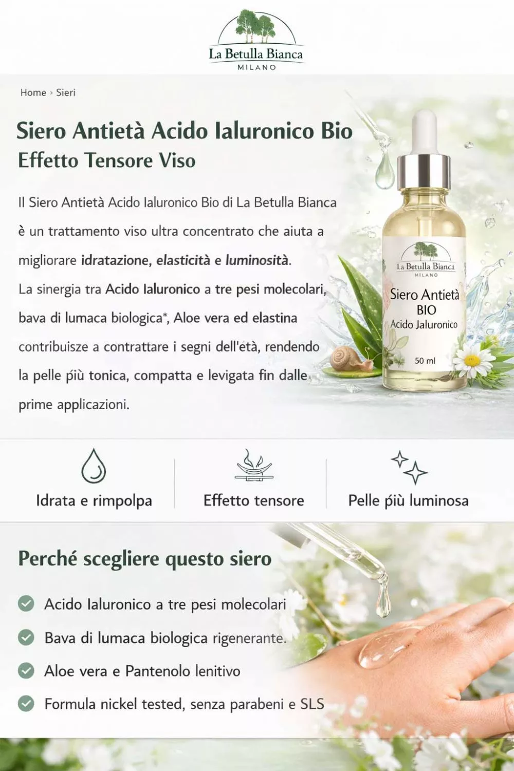 Pelle del viso pi&ugrave; tonica luminosa e levigata dopo routine antiage con siero viso bio
