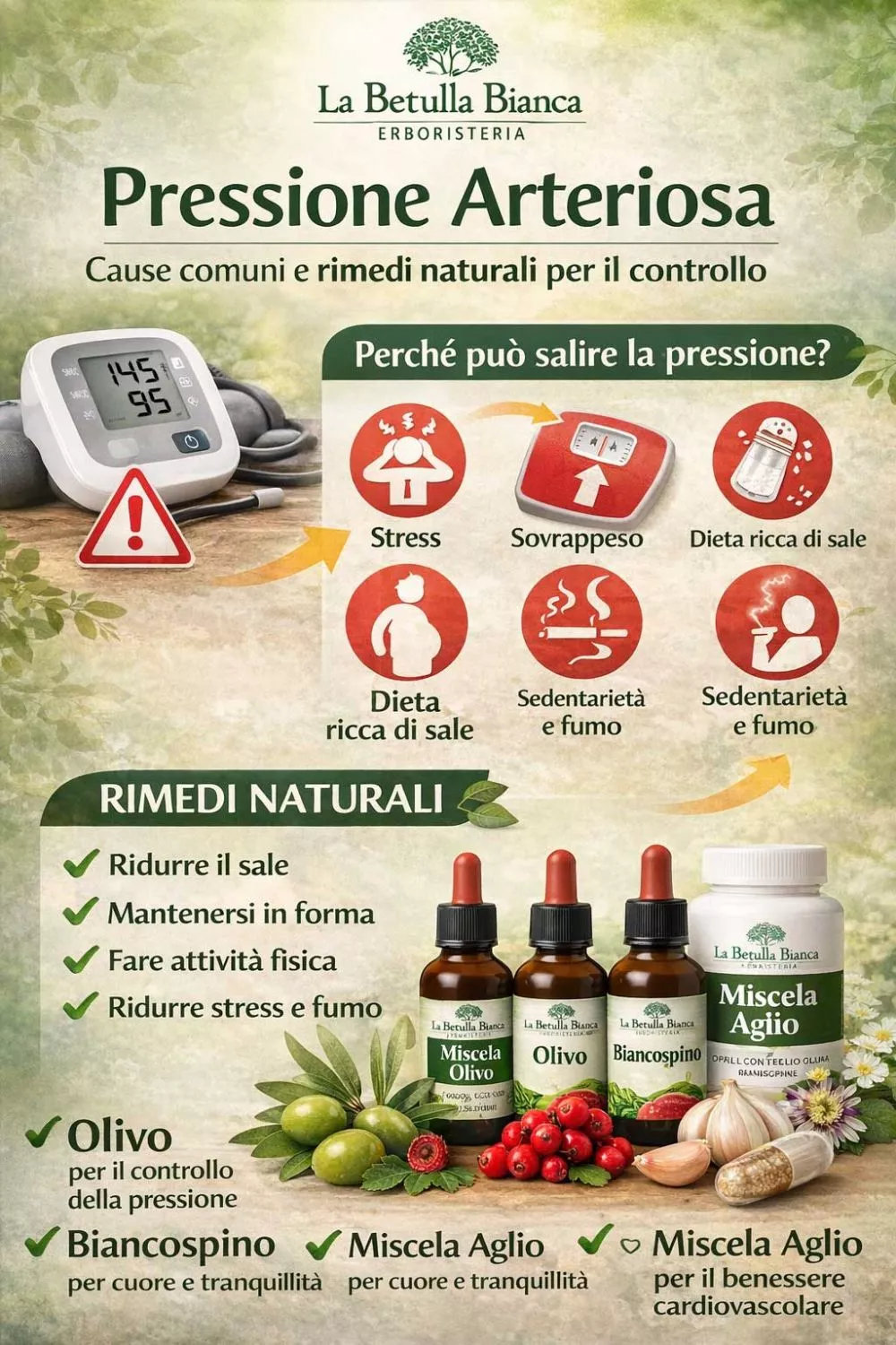 cause della pressione alta e rimedi naturali con olivo biancospino e miscela aglio infografica