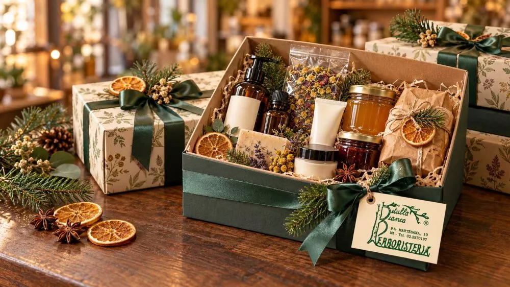 Confezioni regalo aziendali natalizie con cosmetici, tisane e prodotti alimentari