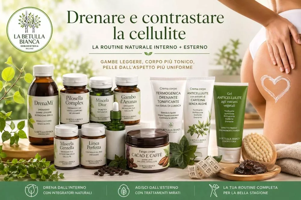Routine drenante anticellulite con integratori naturali e cosmetici corpo