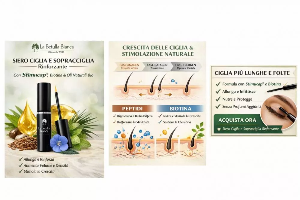 infografica crescita ciglia con biotina peptidi stimucap risultati prima dopo